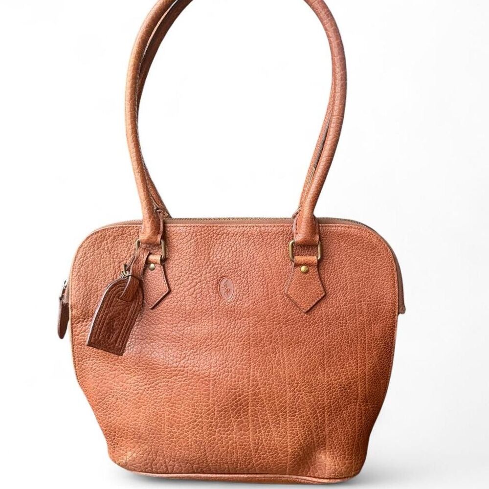 Vintage Polo Ralph Lauren Shoulder Bag Brown Pebbled Leather Triple Compartment